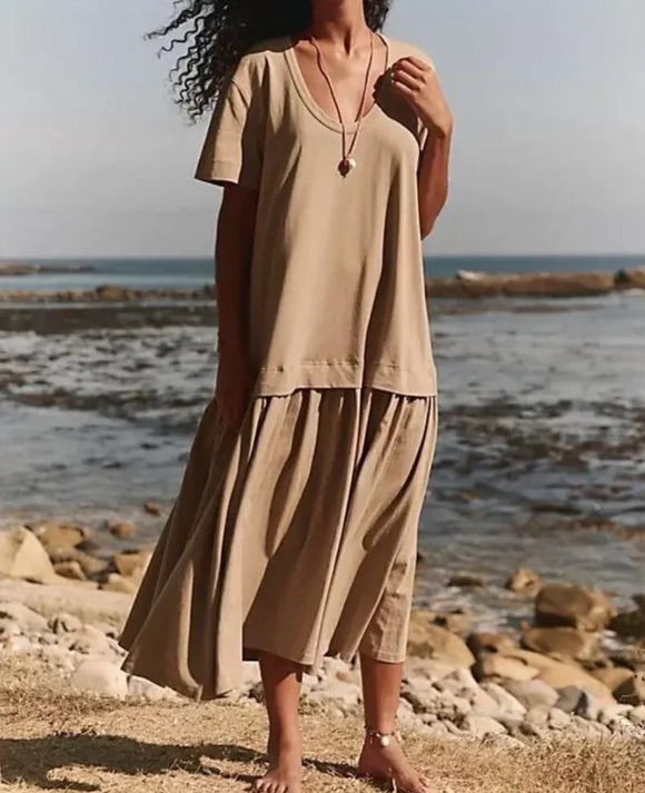 Free People Dresses & Skirts - Free People Beach Herron Drop Waist Maxi Dress Womens Large Beige Boho Beach